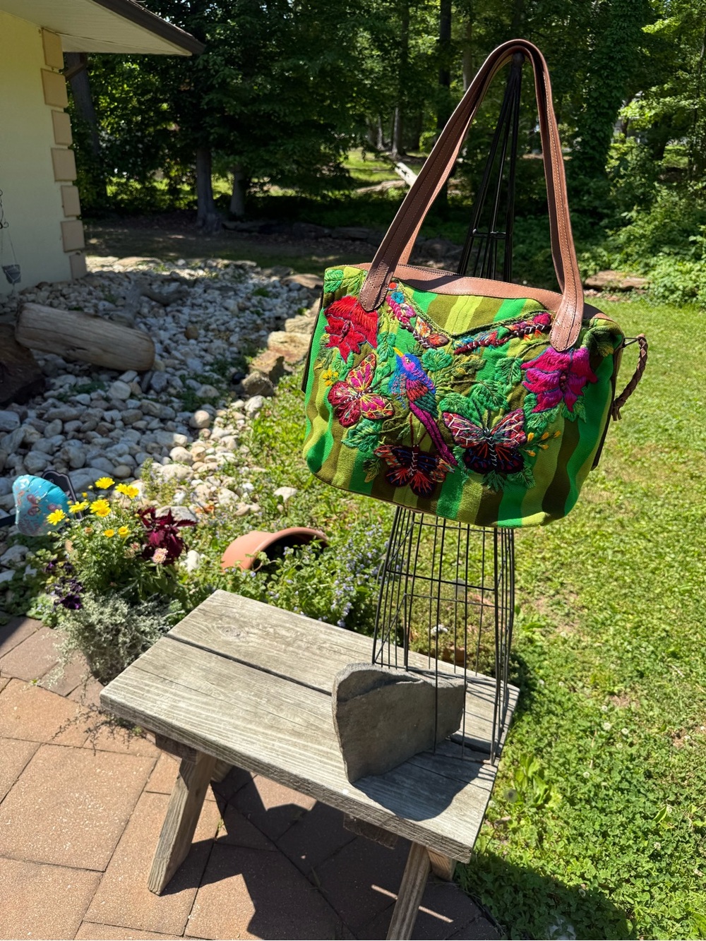 Green Embroidered Floral & Butterfly Shoulder Bag with Brown Straps